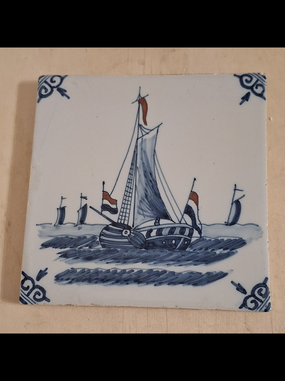 Vtg 1970s Dutch Delft Ceramic tile sailboat by Koninklijke Tichelaar Makkum.